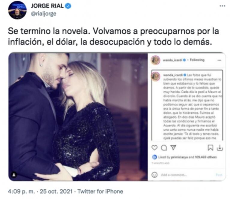 Picantísimo mensaje de Jorge Rial tras la reconciliación de Wanda Nara y Mauro Icardi: "Se terminó la novela"