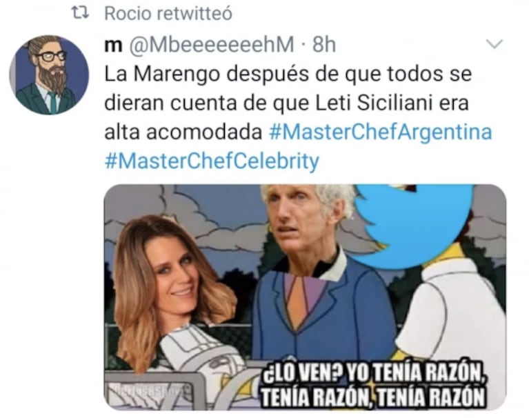 Picantísimo retuit de Marengo contra Leticia Siciliani, tras la eliminación de Boy Olmi de MasterChef Celebrity: "Es alta acomodada"