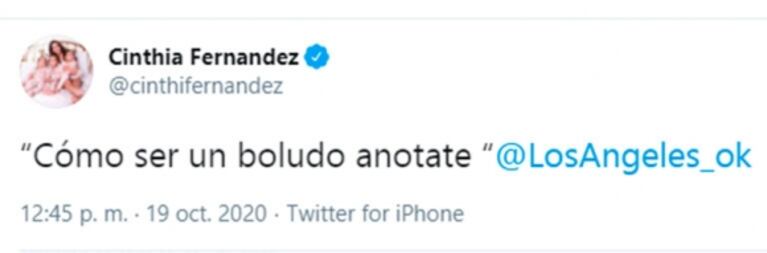 Picantísimo tweet de Cinthia Fernández contra Alex Caniggia por no dejar que las 'angelitas' lo entrevisten: "Qué cagón"