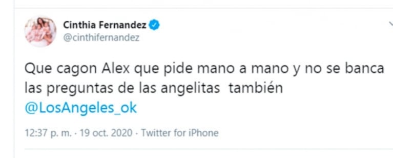 Picantísimo tweet de Cinthia Fernández contra Alex Caniggia por no dejar que las 'angelitas' lo entrevisten: "Qué cagón"