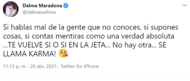 Picantísimo tweet de Dalma Maradona luego de que Luis Ventura anunciara la falsa muerte de Cacho Fontana: "Se llama Karma" 
