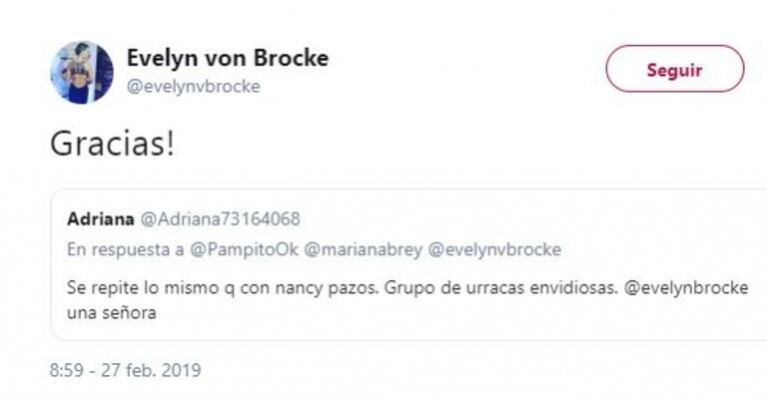 Picantísimos mensajes, retweets y "me gusta" de Evelyn von Brocke contra sus compañeras de LAM