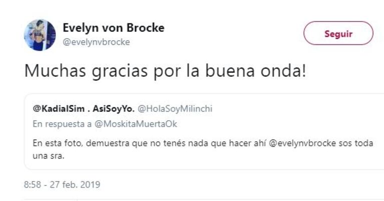 Picantísimos mensajes, retweets y "me gusta" de Evelyn von Brocke contra sus compañeras de LAM