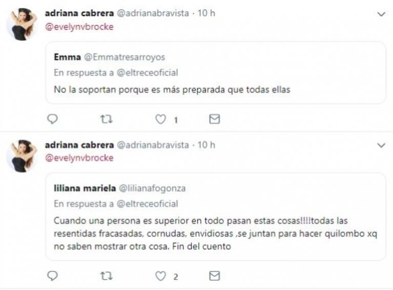 Picantísimos mensajes, retweets y "me gusta" de Evelyn von Brocke contra sus compañeras de LAM