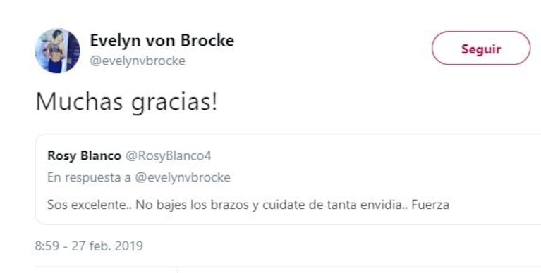 Picantísimos mensajes, retweets y "me gusta" de Evelyn von Brocke contra sus compañeras de LAM
