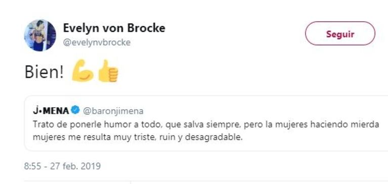 Picantísimos mensajes, retweets y "me gusta" de Evelyn von Brocke contra sus compañeras de LAM