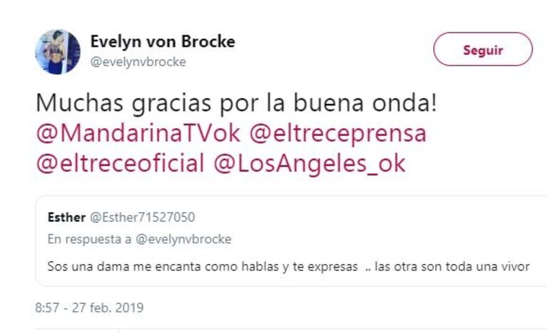 Picantísimos mensajes, retweets y "me gusta" de Evelyn von Brocke contra sus compañeras de LAM