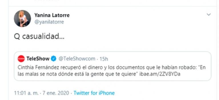 Picantísimos tweets de Yanina Latorre mientras Cinthia Fernández hacía su descargo en LAM