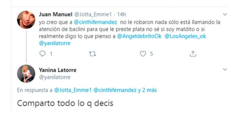 Picantísimos tweets de Yanina Latorre mientras Cinthia Fernández hacía su descargo en LAM