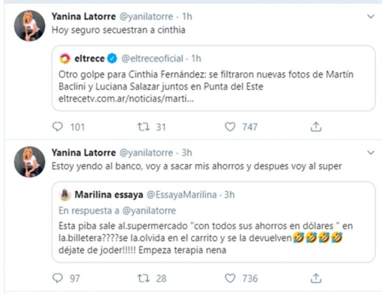 Picantísimos tweets de Yanina Latorre mientras Cinthia Fernández hacía su descargo en LAM