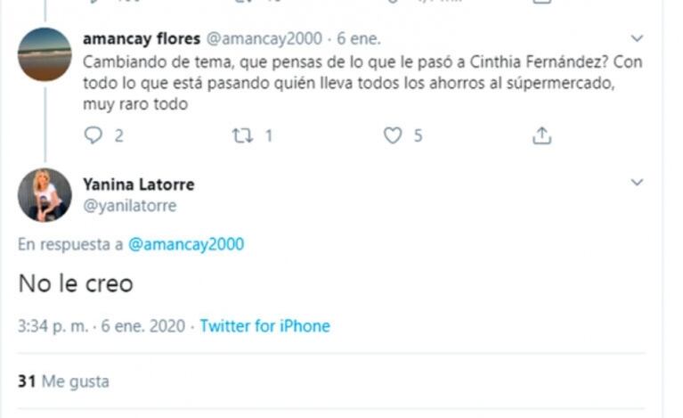 Picantísimos tweets de Yanina Latorre mientras Cinthia Fernández hacía su descargo en LAM