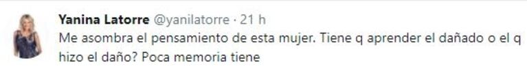 Picantísimos tweets y RT’s de Yanina Latorre, tras su pelea con Pamela David: "Ella aprendió a taparse las tetas al menos"