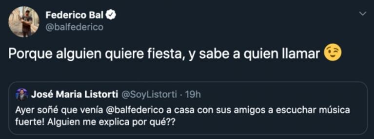 Pícara respuesta de Fede Bal a Listorti, tras contar que soñó que el actor hacía una fiesta en su casa: “Sabés a quién llamar”