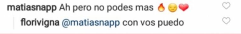 Pícaro cruce de mensajes de Flor Vigna y Mati Napp en una foto súper sexy de la actriz: "Con vos, puedo"