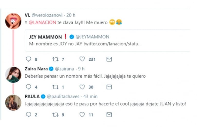 Pícaros tweets de Vero Lozano, Paula Chaves y Zaira Nara sobre el nombre de Jey Mammon tras la confusión de Pampita