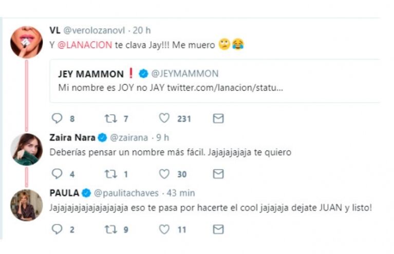 Pícaros tweets de Vero Lozano, Paula Chaves y Zaira Nara sobre el nombre de Jey Mammon tras la confusión de Pampita