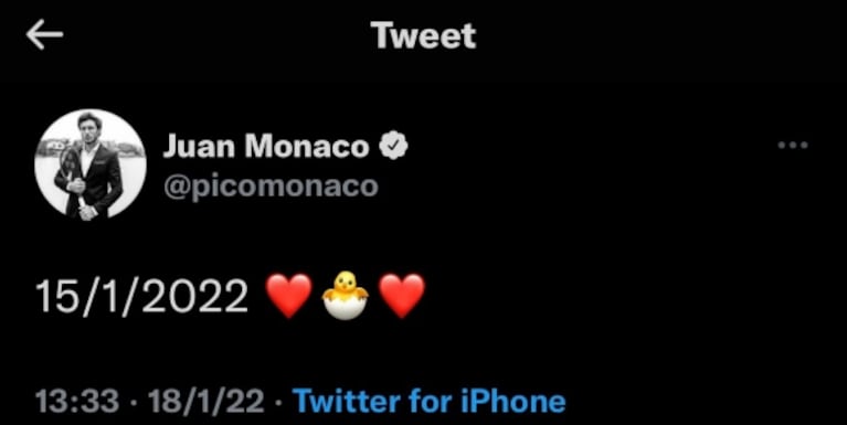 Pico Mónaco compartió un tierno tweet por el nacimiento de su primer hijo con Diana Arnopoulos 