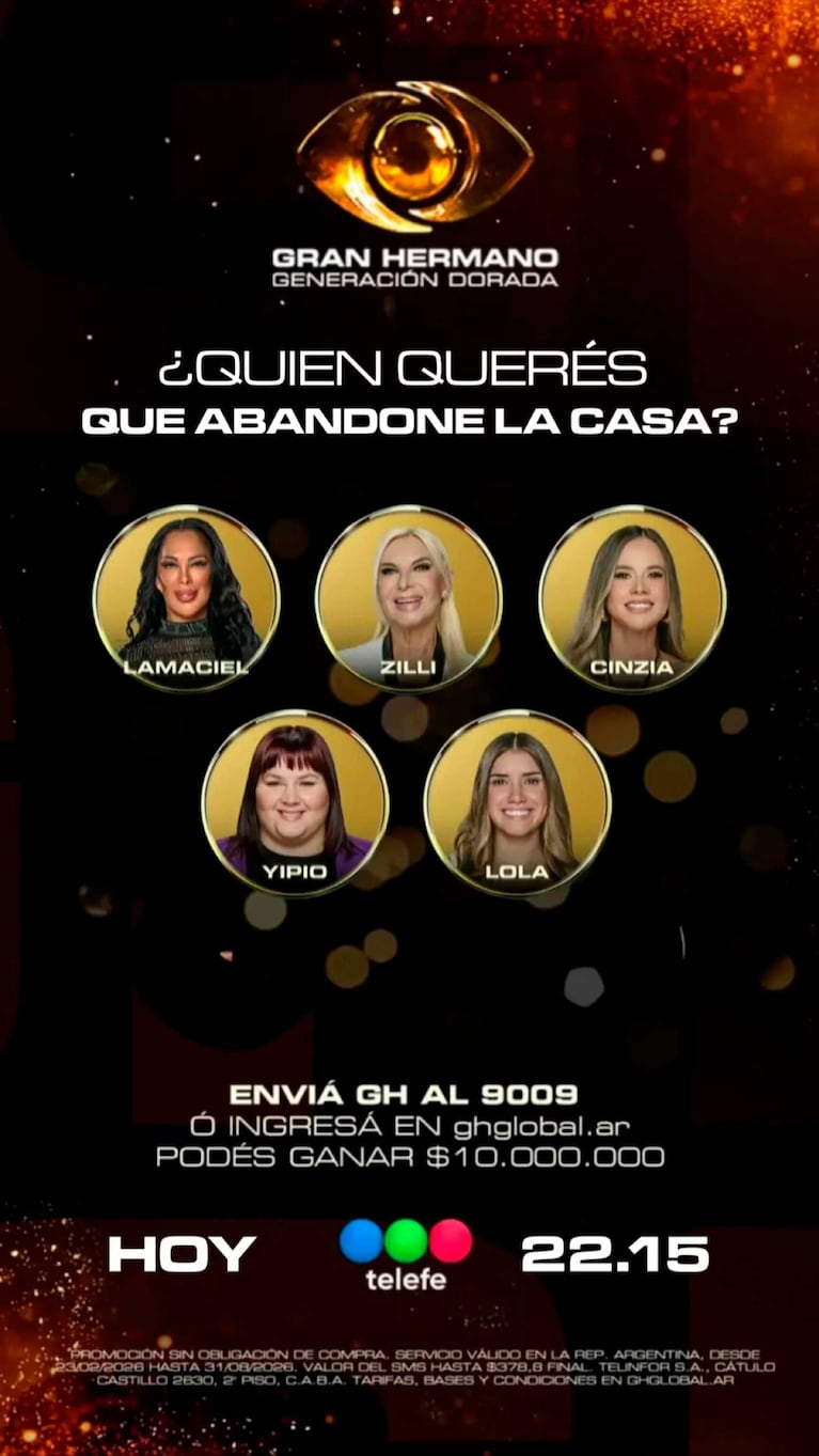 Placa de nominados de Gran Hermano del 6 de abril de 2026 (Foto: Instagram @santidelmoro)