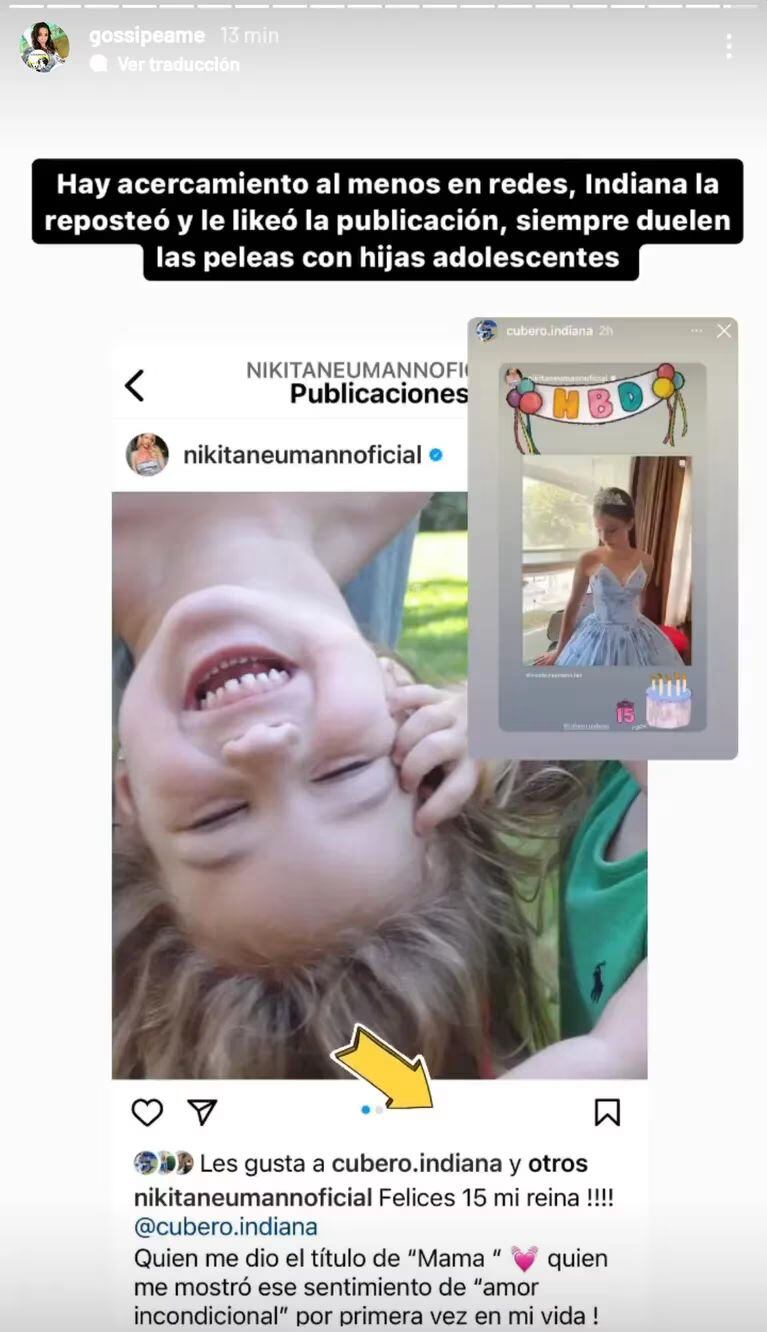 Pochi de Gossipeame mostró el Nicole Neumann e Indiana Cubero en redes sociales tras el saludo por sus 15 años.