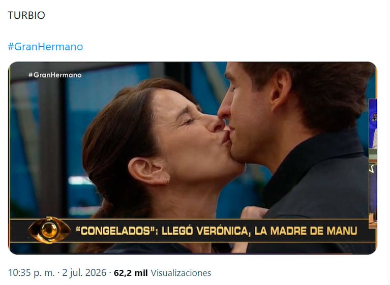 Polémica en Gran Hermano por los besos en la boca de la mamá de Manuel Ibero en el Congelados (Captura de X)