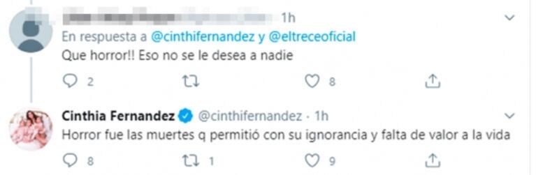 Polémica en redes tras el tweet de Cinthia Fernández al confirmarse que Bolsonaro tiene coronavirus: "Festejo"