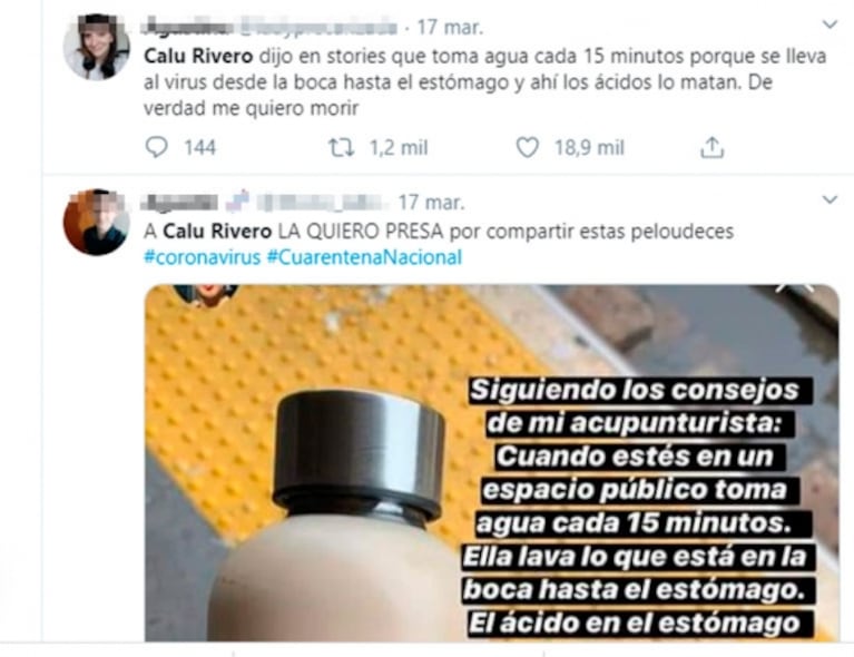 Polémica por el consejo de Calu Rivero en medio de la pandemia: "El ácido en el estómago mata el virus"