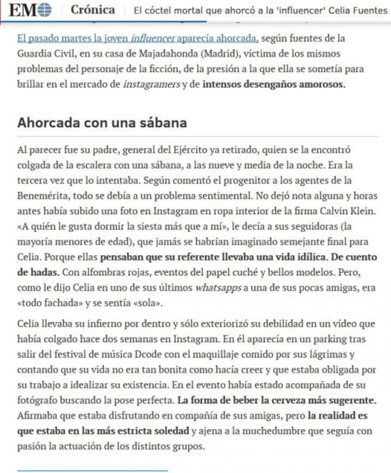 Polémica versión del diario español El Mundo sobre la muerte de Celia Fuentes