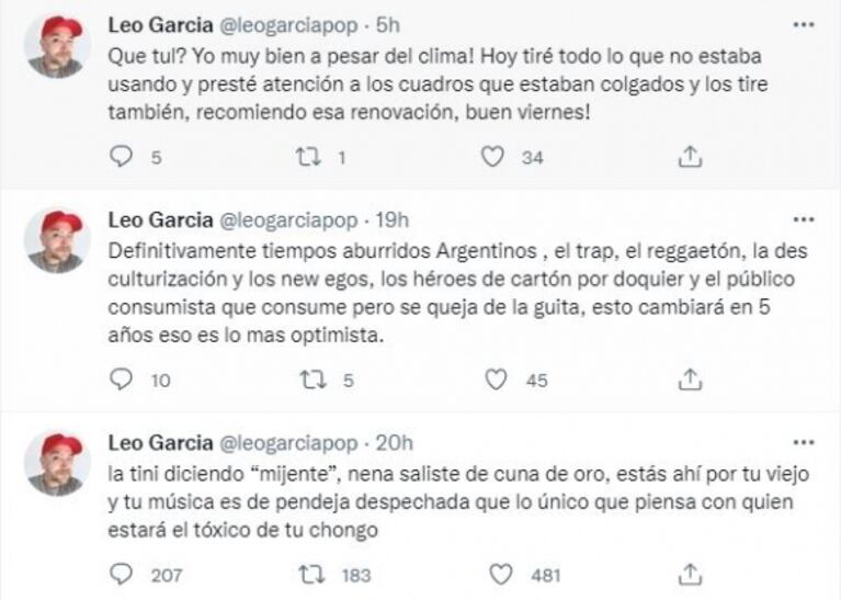 Polémicas declaraciones de Leo García contra Tini Stoessel: "Nena, saliste de una cuna de oro y tu música es de p... despechada"