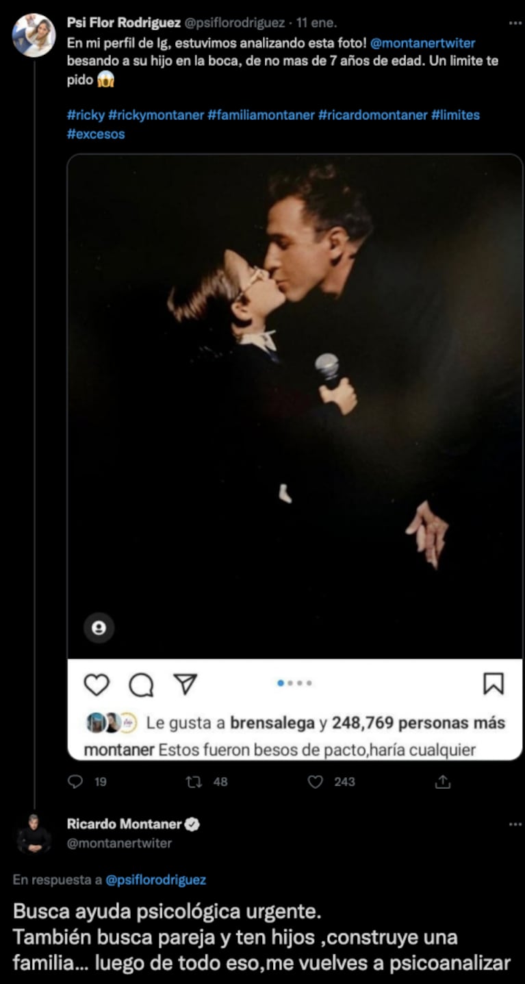 Polémico cruce de Ricardo Montaner con una psicóloga que cuestionó un beso en la boca a su hijo: "Buscá pareja y tené hijos"