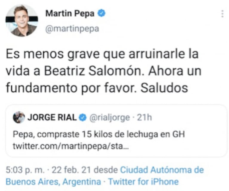Polémico cruce del ex GH Martín Pepa con Jorge Rial: "Es menos grave que arruinarle la vida a Beatriz Salomón"
