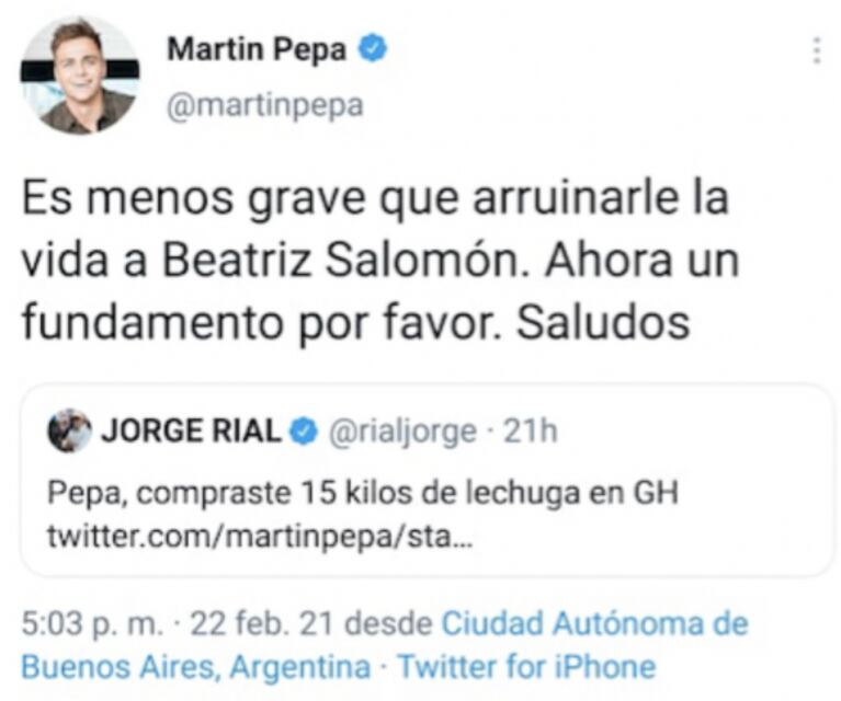 Polémico cruce del ex GH Martín Pepa con Jorge Rial: "Es menos grave que arruinarle la vida a Beatriz Salomón"