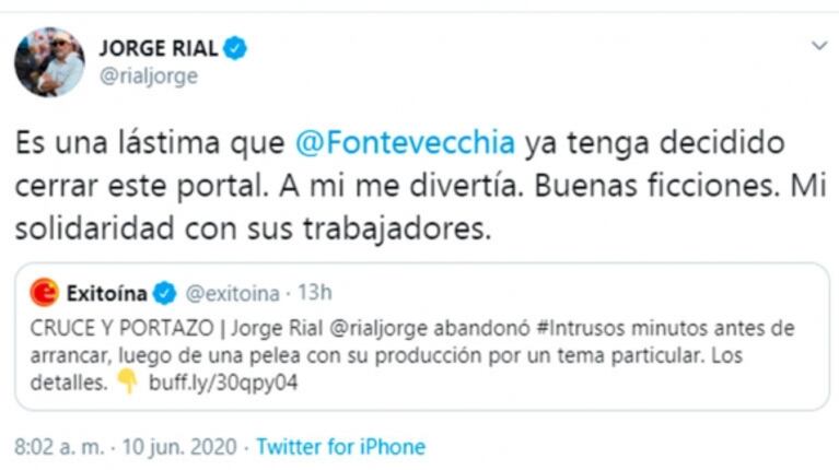 Polémico mensaje de Jorge Rial por la noticia de su enojo en Intrusos: "Una lástima que se cierre este portal"