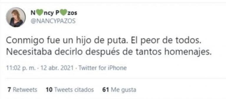 Polémico mensaje de Nancy Pazos tras la muerte de Mauro Viale: "Conmigo fue un hijo de puta"