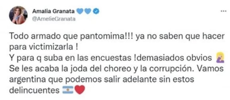 Polémico tweet de Amalia Granata sobre el ataque a Cristina Kirchner: "Qué pantomima"