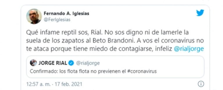 Polémico tweet de Jorge Rial tras el positivo de covid de Luis Brandoni: "Los flota flota no previenen el coronavirus"