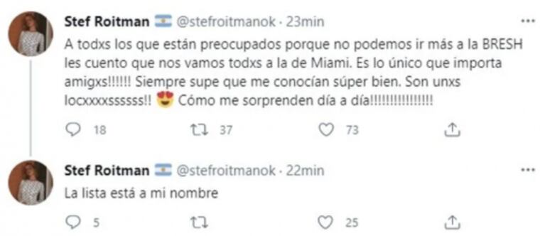 Polémico tweet de Stefi Roitman tras las nuevas restricciones: "Nos vamos todos a la fiesta de Miami"