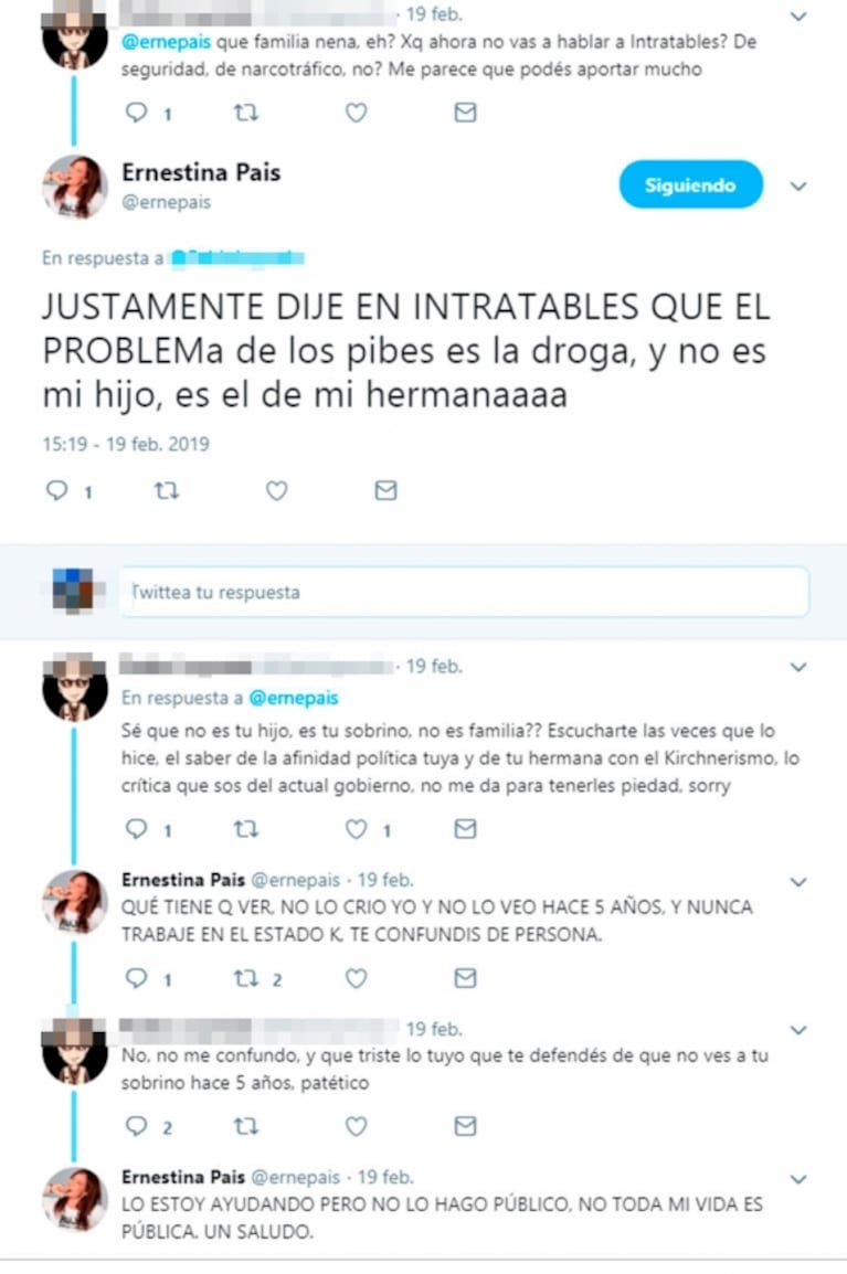 Polémicos tweets de Ernestina Pais tras la detención de su sobrino: "No lo crío yo, hace 5 años que no lo veo"