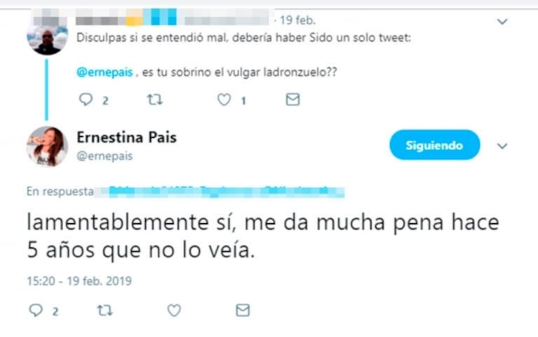 Polémicos tweets de Ernestina Pais tras la detención de su sobrino: "No lo crío yo, hace 5 años que no lo veo"