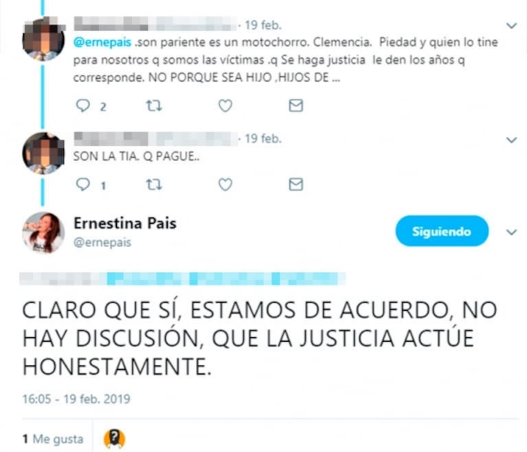 Polémicos tweets de Ernestina Pais tras la detención de su sobrino: "No lo crío yo, hace 5 años que no lo veo"