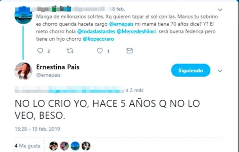 Polémicos tweets de Ernestina Pais tras la detención de su sobrino: "No lo crío yo, hace 5 años que no lo veo"