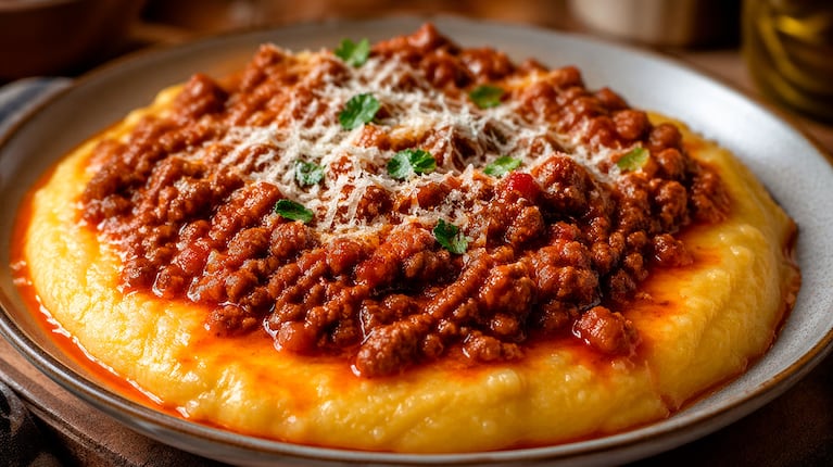 Polenta cremosa con bolognesa: la receta perfecta y económica para los días de frío (foto creada con IA)