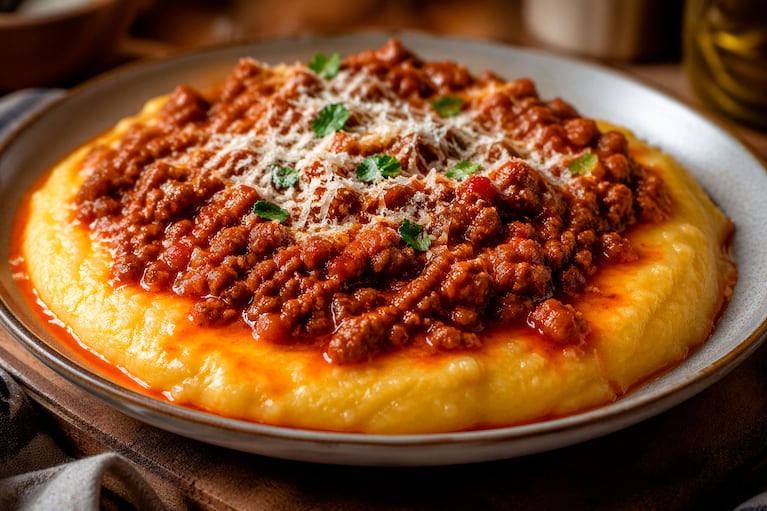 Polenta cremosa con bolognesa: la receta perfecta y económica para los días de frío (foto creada con IA)