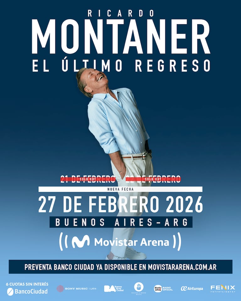 Por entradas agotadas para los conciertos del 21 y 22 de febrero en
Movistar Arena, Ricardo Montaner sumó una nueva fecha para el 27 de febrero de 2026.