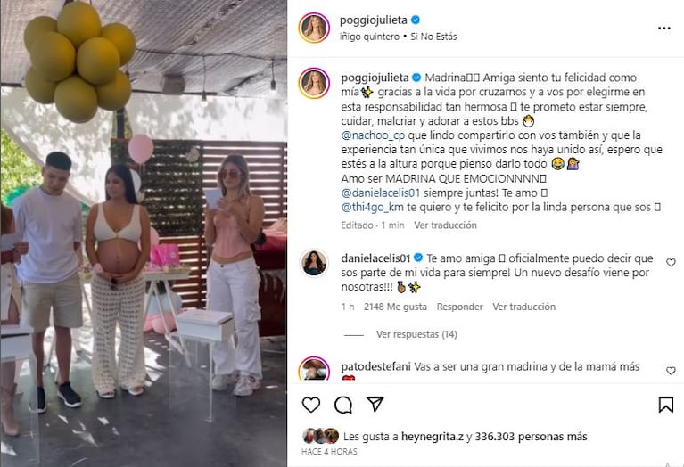 Posteo de Julieta Poggio sobre el Baby Shower de Thiago y Daniela (Instagram @poggiojulieta)