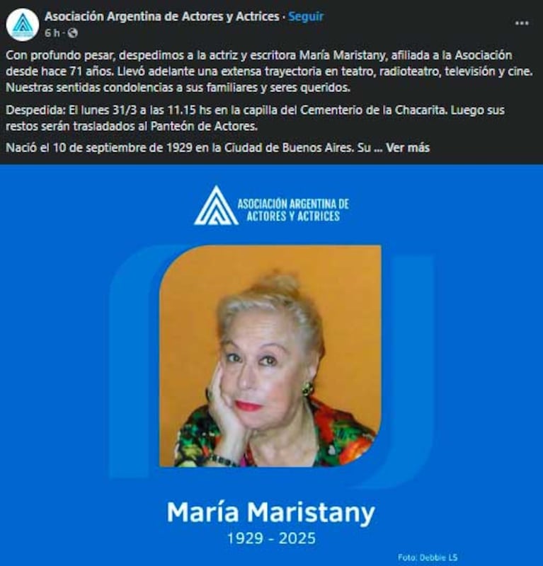 Posteo de la AAA sobre la muerte de María Maristany (Foto: Facebook)
