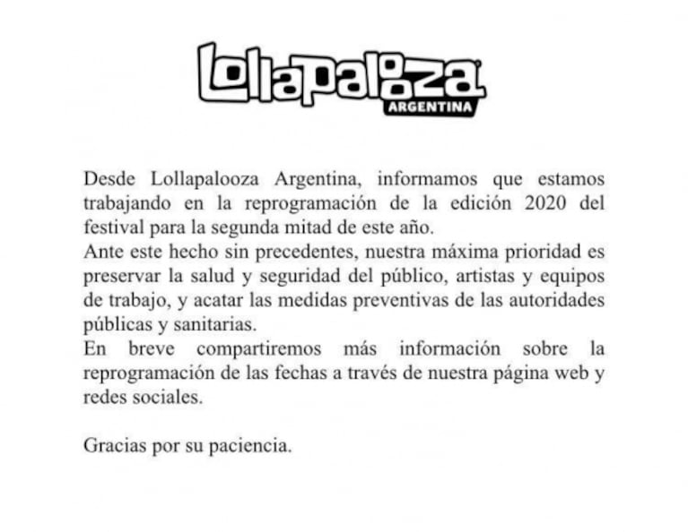 Postergaron el Lollapalooza 2020 por el coronavirus: se realizará en la segunda mitad de 2020
