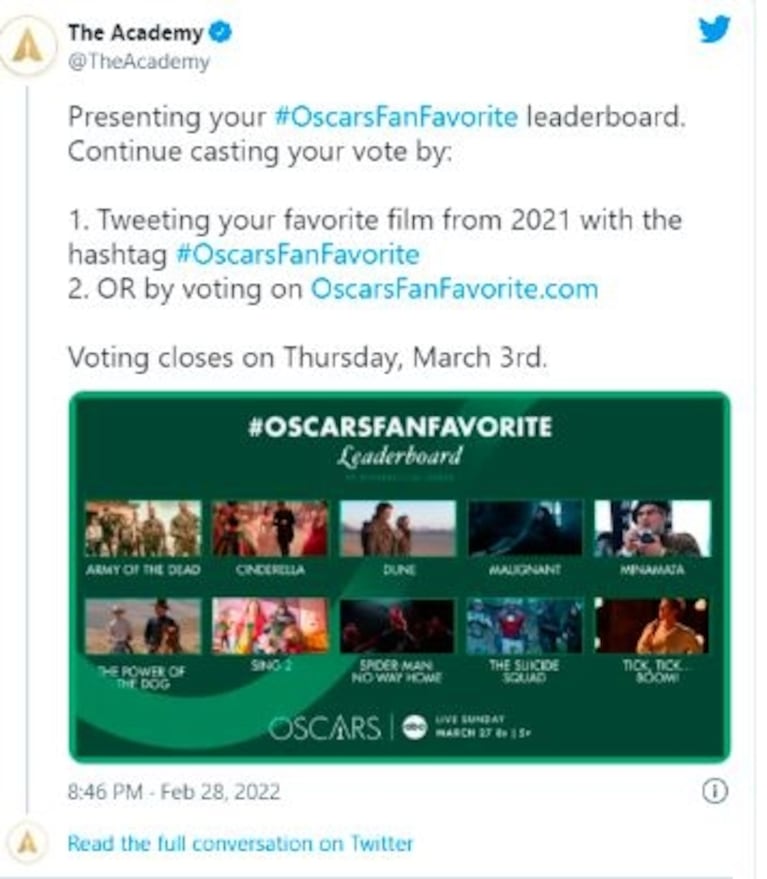 Premios Oscar 2022: las categorías que crearon para que el público vote a los ganadores desde su celular