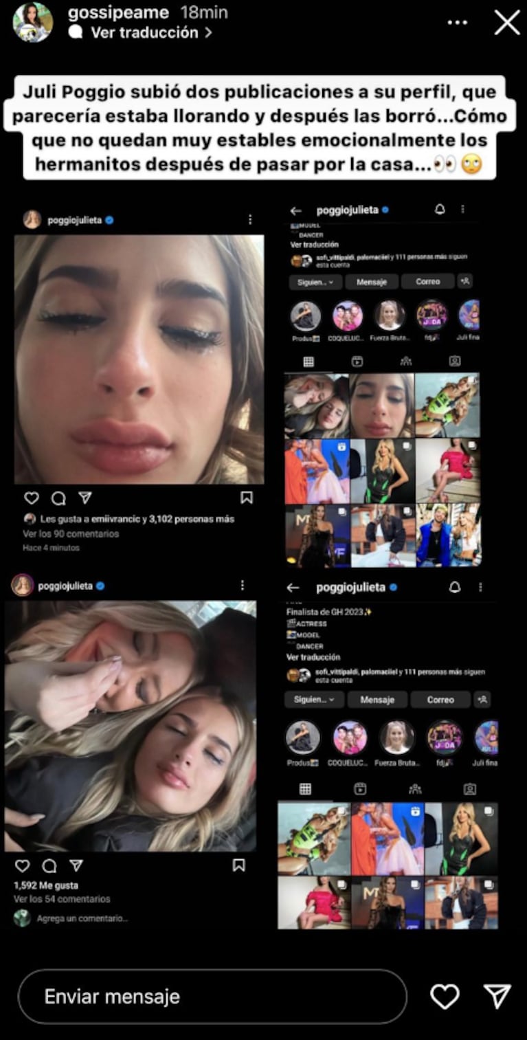 Preocupación por Julieta Poggio: posteó fotos llorando, se arrepintió y las borró