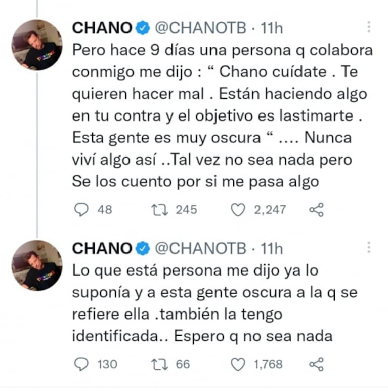 Preocupantes mensajes de Chano: "Es gente oscura; lo cuento por si me pasa algo"