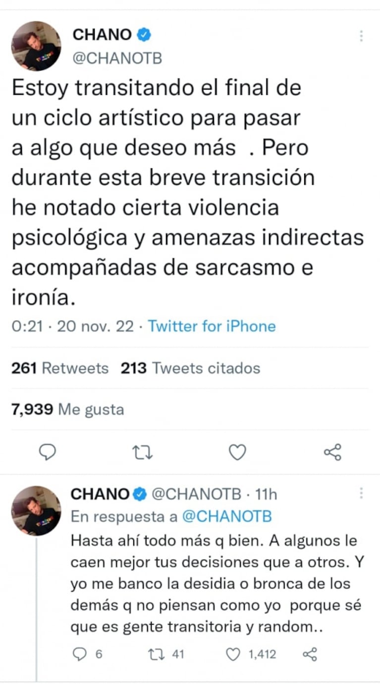 Preocupantes mensajes de Chano: "Es gente oscura; lo cuento por si me pasa algo"